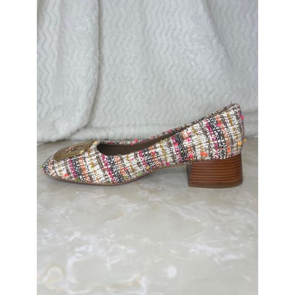 Tory Burch Pink Cream Gold Tweed Wooden Block Heel Georgia Pump Womens 7 US - Picture 6 of 14
